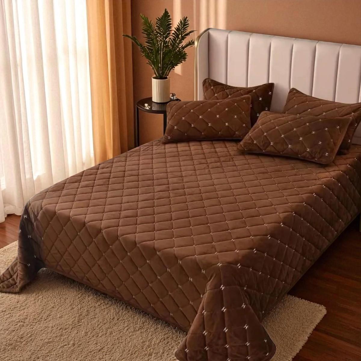 Покривало велюрове стьобане Koloco Ромби гіпоалергенне євро 220х240 см Темно-коричневий (41874)