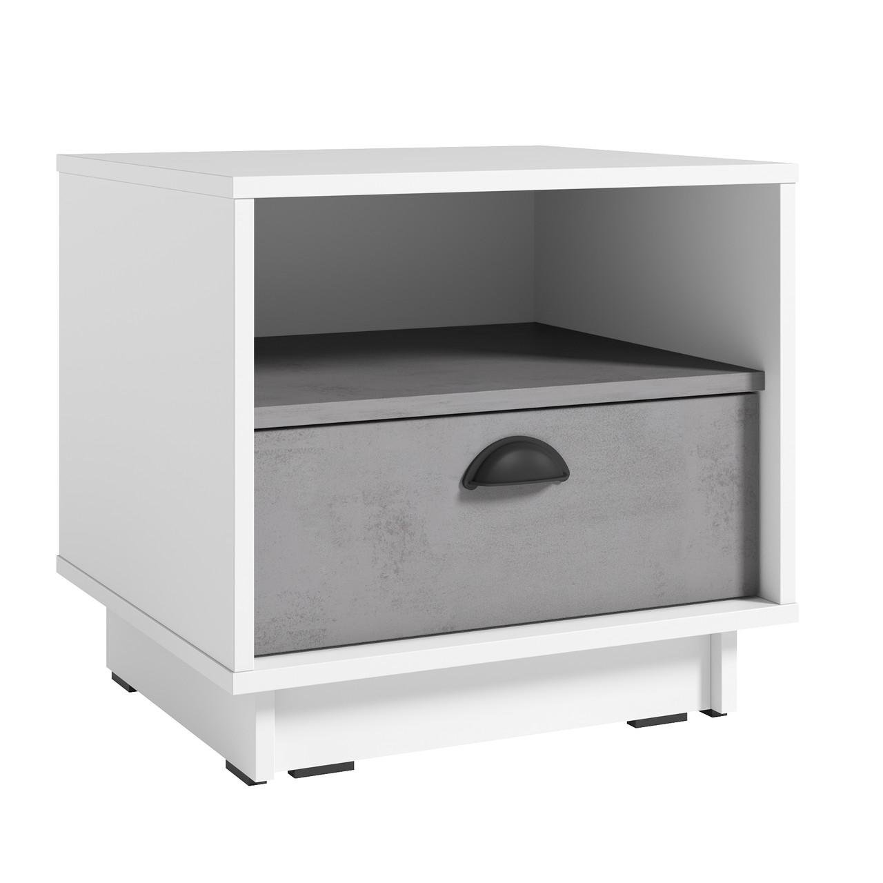 Тумба прикроватная Sanro с выдвижным ящиком и полкой 500х450х450 мм Белый/Бетон тефра (K0005)