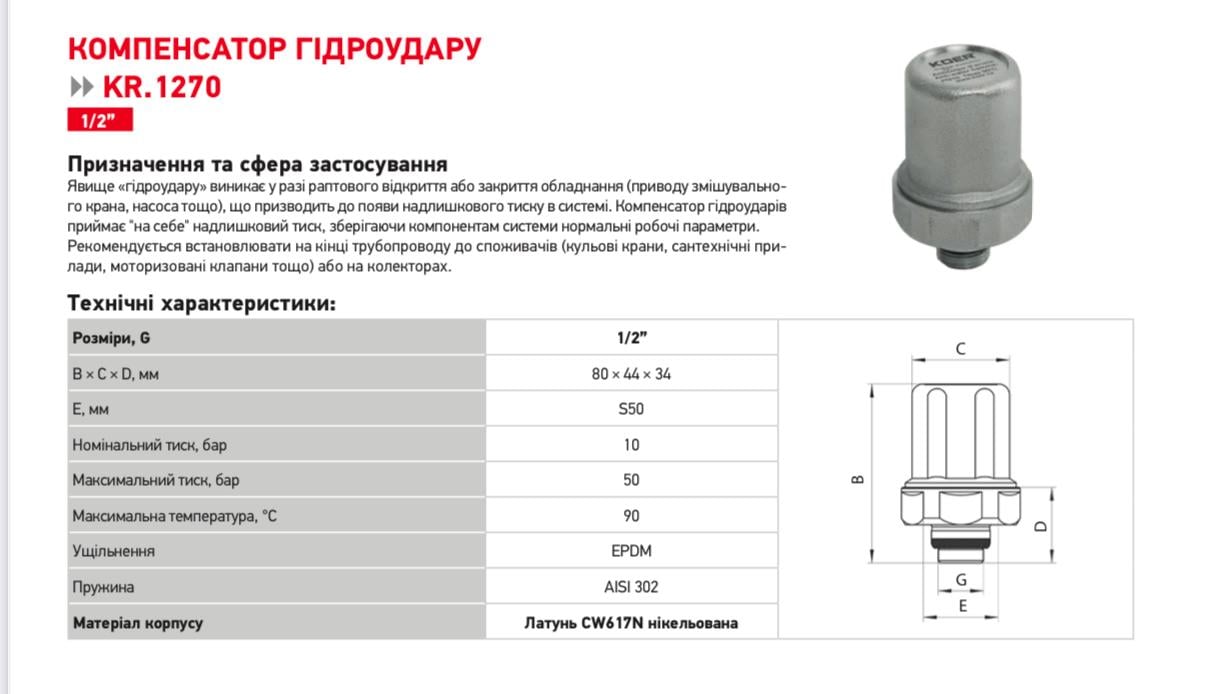 Компенсатор гидроудара KOER KR.1270 1/2" (KR4969) - фото 4 Компенсатор гидроудара KOER KR.1270 1/2" (KR4969) - фото 4