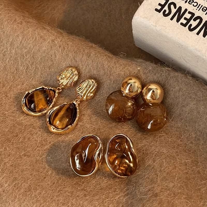 Набор серьг в различных дизайнах из смолы под янтарь женская бижутерия 3 пары 6 штук Золотистый