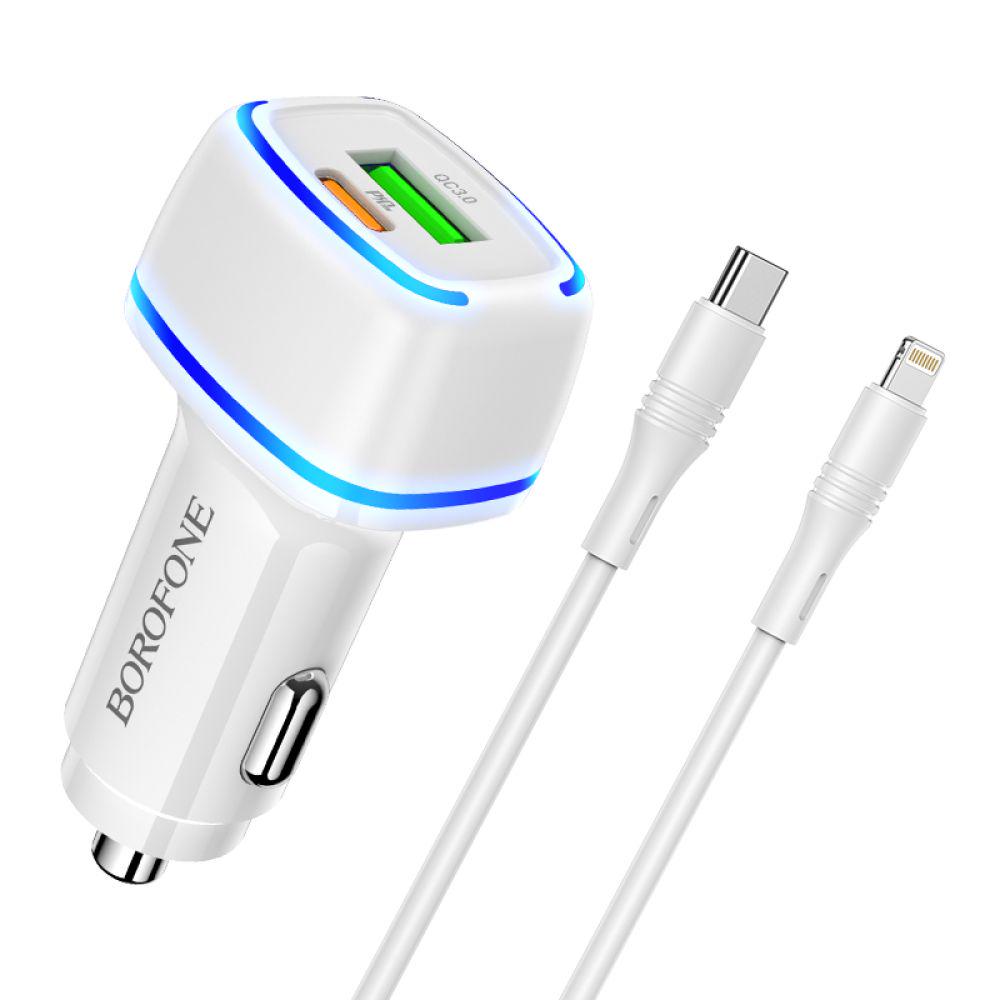 Зарядний пристрій автомобільний Borofone BZ14A PD20W+QC3,0 Type-C to Lightning 3A White (27259137)