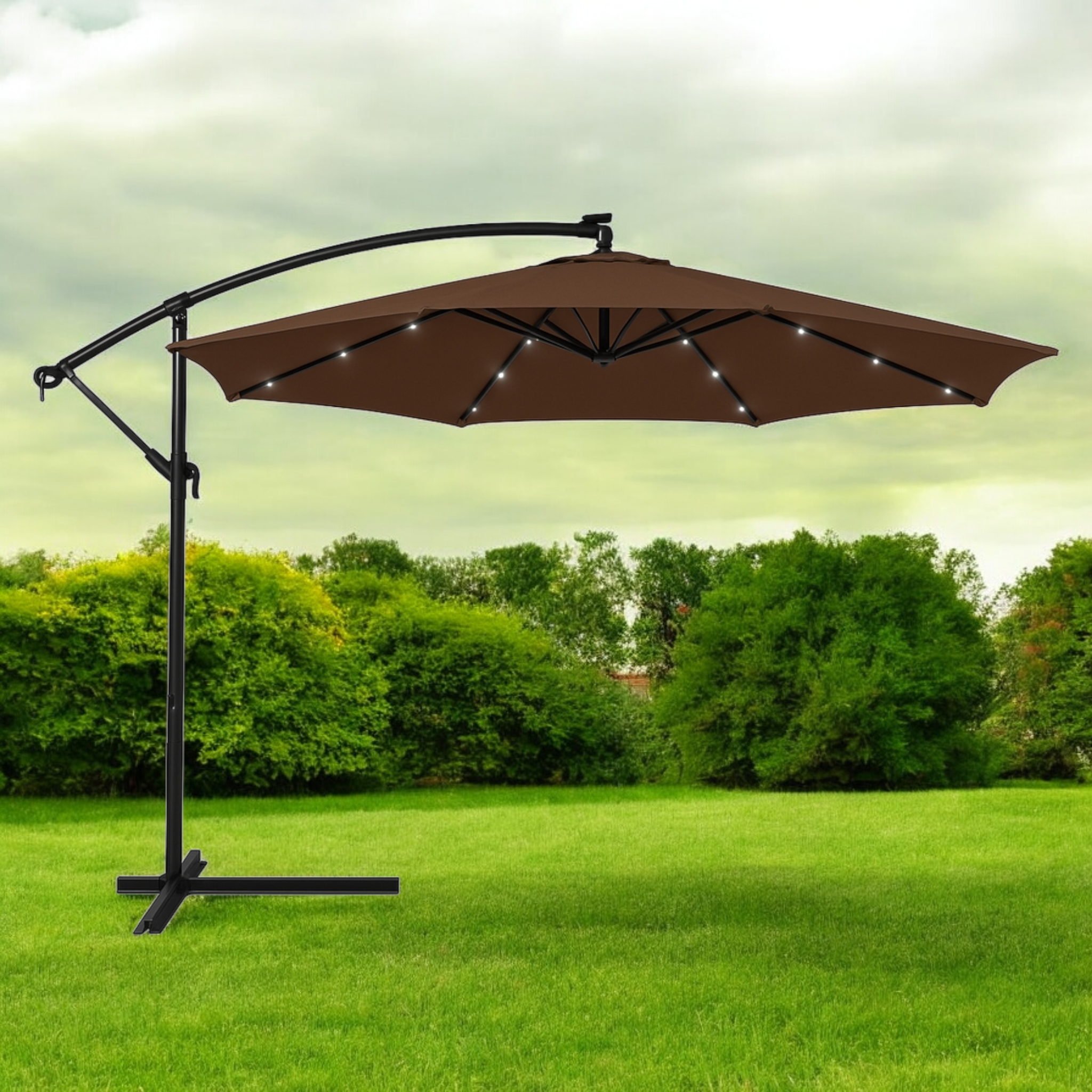 Садова парасолька WCG з поліестеру 160G сталевою рамою LED-підсвічування на сонячній панелі з чохлом 3 м Коричневий (W-7011LED-BR1)