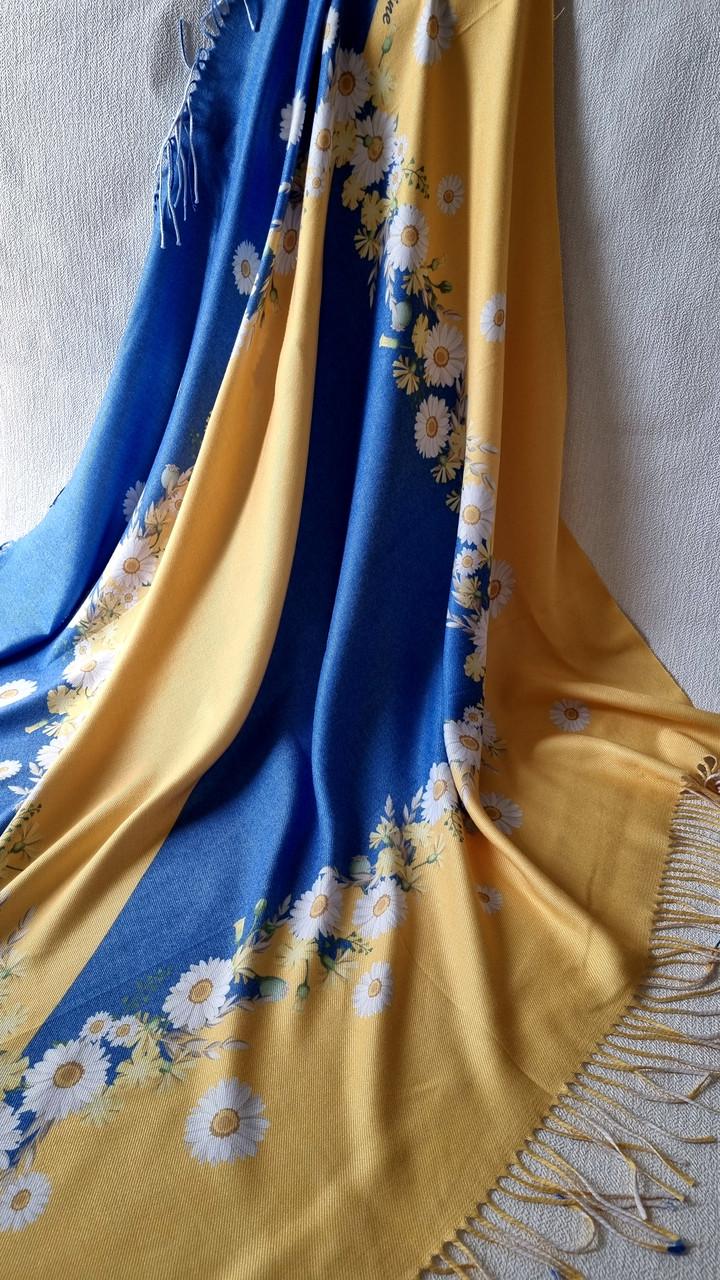 Платок женский патриотический кашемировый Цветы 100х100 см Сине-желтый