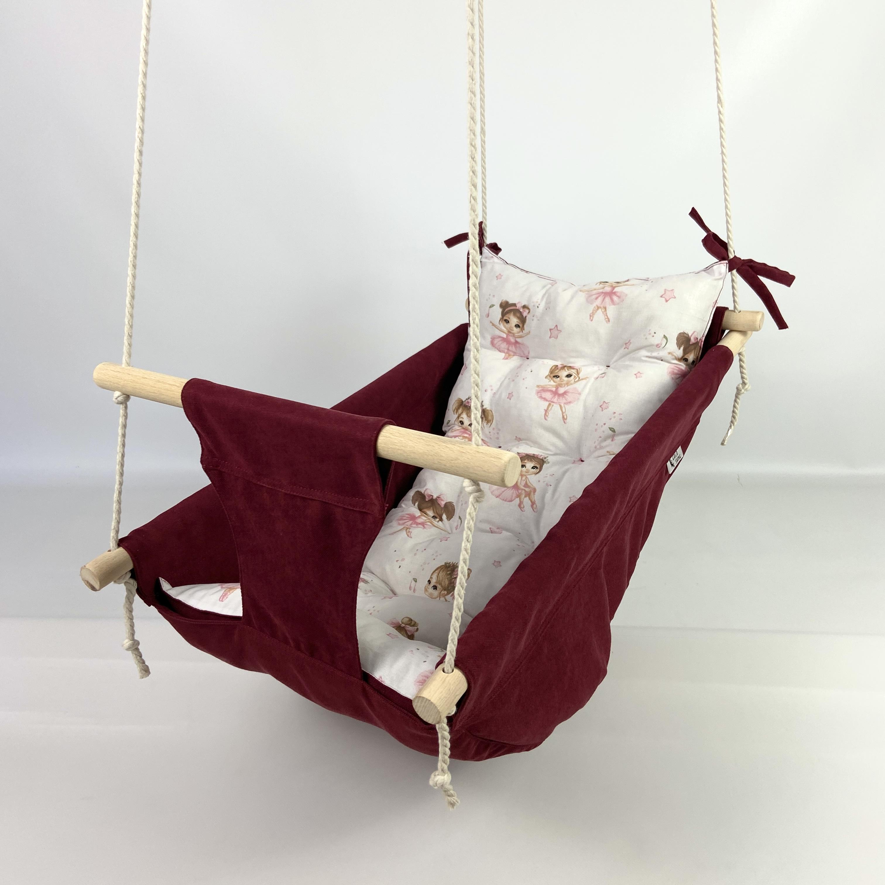 Подвесные детские качели Колыбелька с микровелюра с балеринами Бордовый (gs-8869)