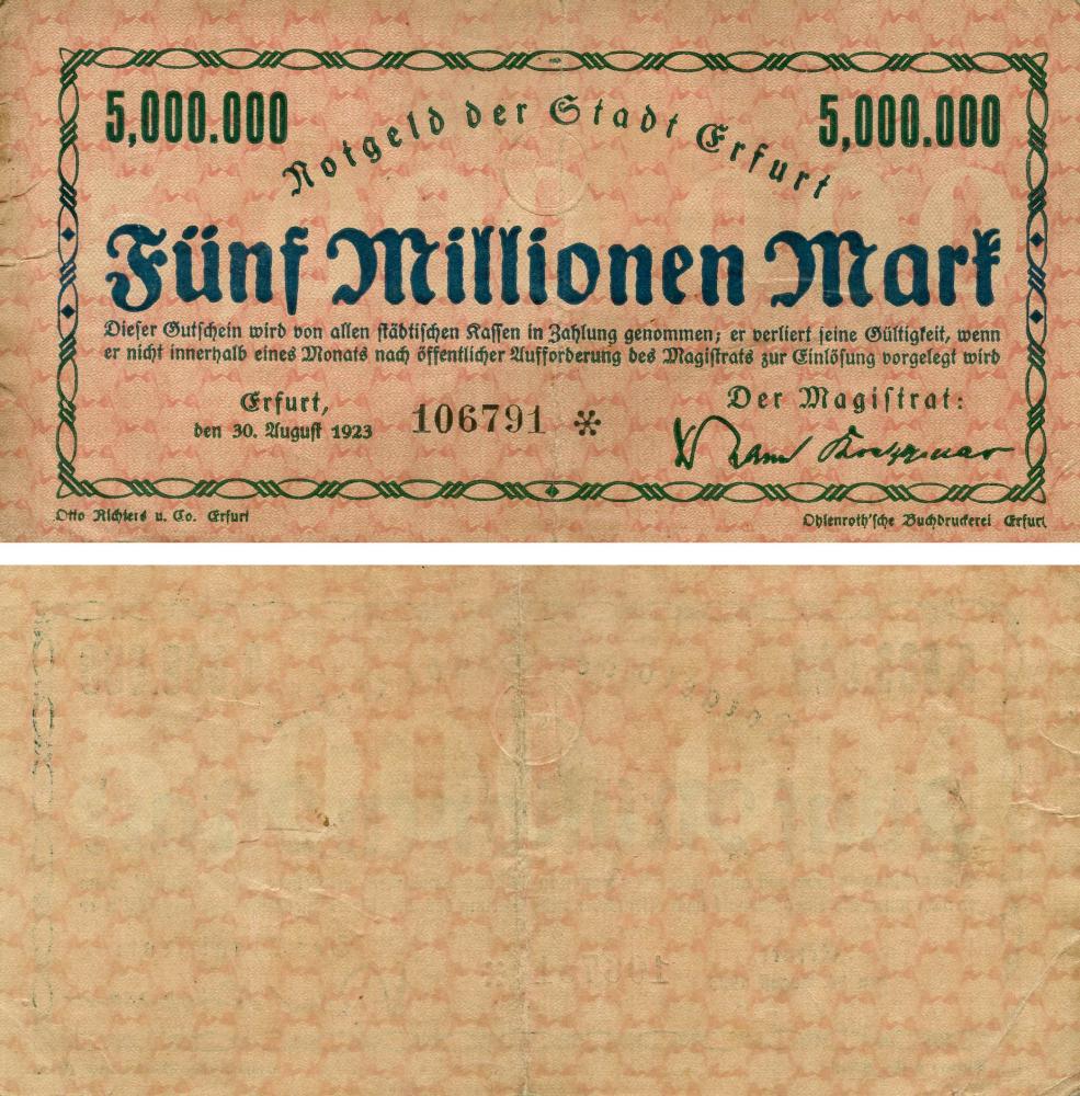 Коллекционная банкнота Германия Нотгельд 5 000 000 марок 1923 F-VF Эрфурт (Б18855)