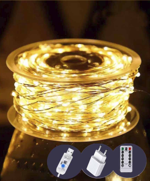 Гирлянда Роса 1000 LED 100 м с прозрачным проводом реле 8 режимов/USB и пульт Теплый белый (FFJ00121)