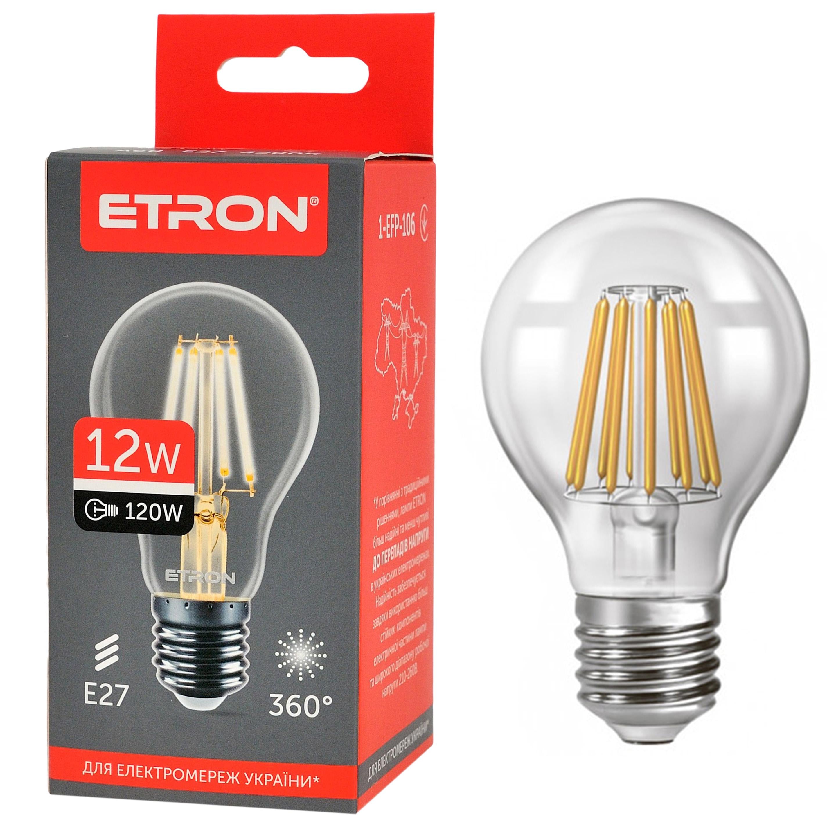 Светодиодная лампа филаментная ETRON Filament A60 E27 4200K 12W Прозрачный (1-EFP-106)