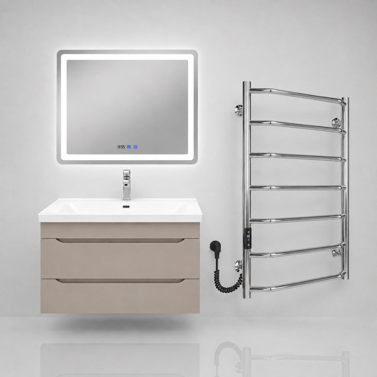Набор для ванной комнаты 5в1 Sanwest Fokus тумба 80/Adamant Quanto 80/смеситель Venta/LED-зеркало/полотенцесушитель электрический Ava 800х500 мм