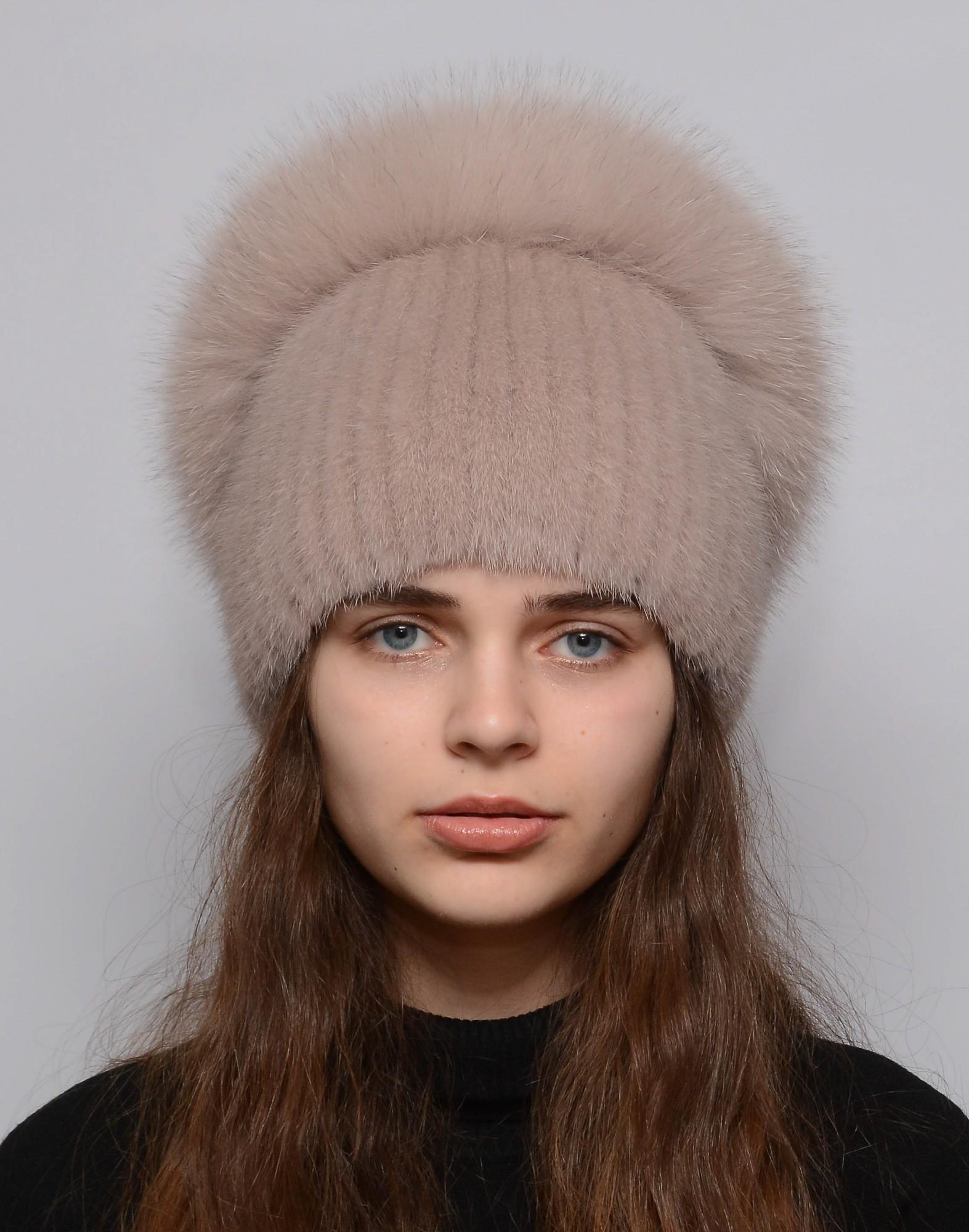 Женская вязаная норковая шапка Меховой стиль Калач натуральный мех Какао (122/E)