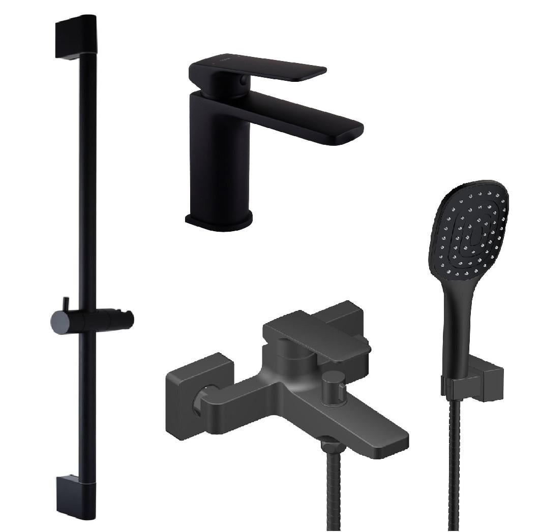 Комплект смесителей TOPAZ ODISS для ванной 3в1 умывальник/ванная/душевая стойка с ручным душем Черный (2084120839)