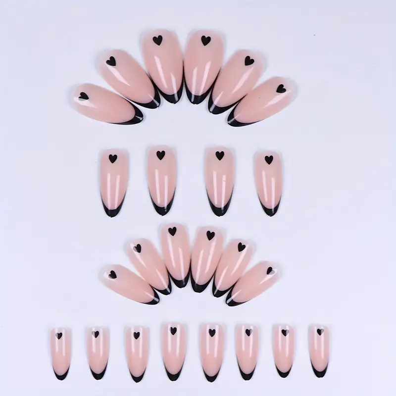 Нігті накладні френч Сердечки мигдаль середньої довжини з клейовими стіками 24 шт. Чорний (3000003699) - фото 5