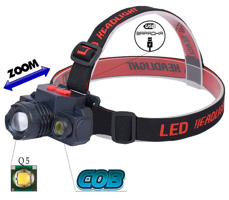 Фонарик налобный светодиодный КХ-1805 аккумуляторный Черный/Красный (1009089-Black) - фото 2