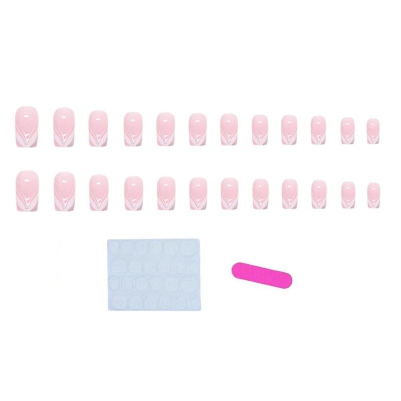 Накладные ногти с дизайном Квадрат и клеевыми пластинами 24 шт. Белый с серебристым (2689612505)