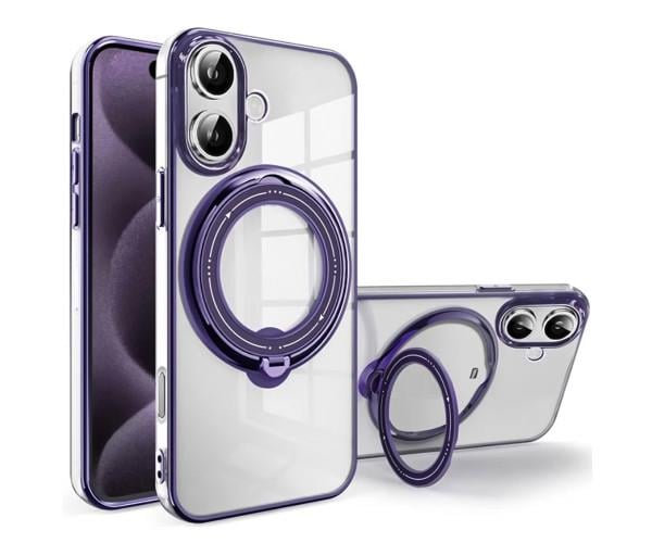 Силиконовый чехол накладка Clear Case для iPhone 16 Plus с металлическим кольцом - держателем Фиолетовый