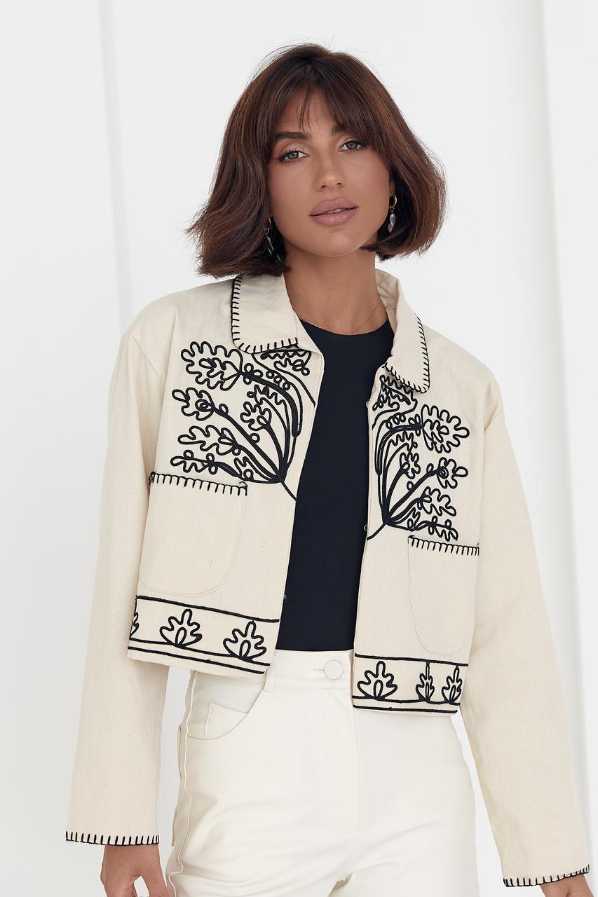 Жакет укороченный с вышивкой L Бежевый (12313284) - фото 7 Жакет укороченный с вышивкой L Бежевый (12313284) - фото 7