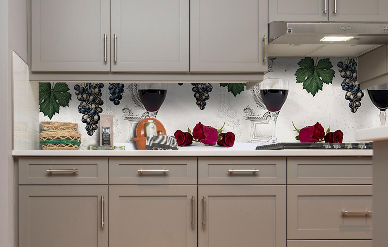 Кухонный фартук Красное/Вино/Виноград/Бокал из самоклеющейся виниловой пленки 65х250 см Бежевый