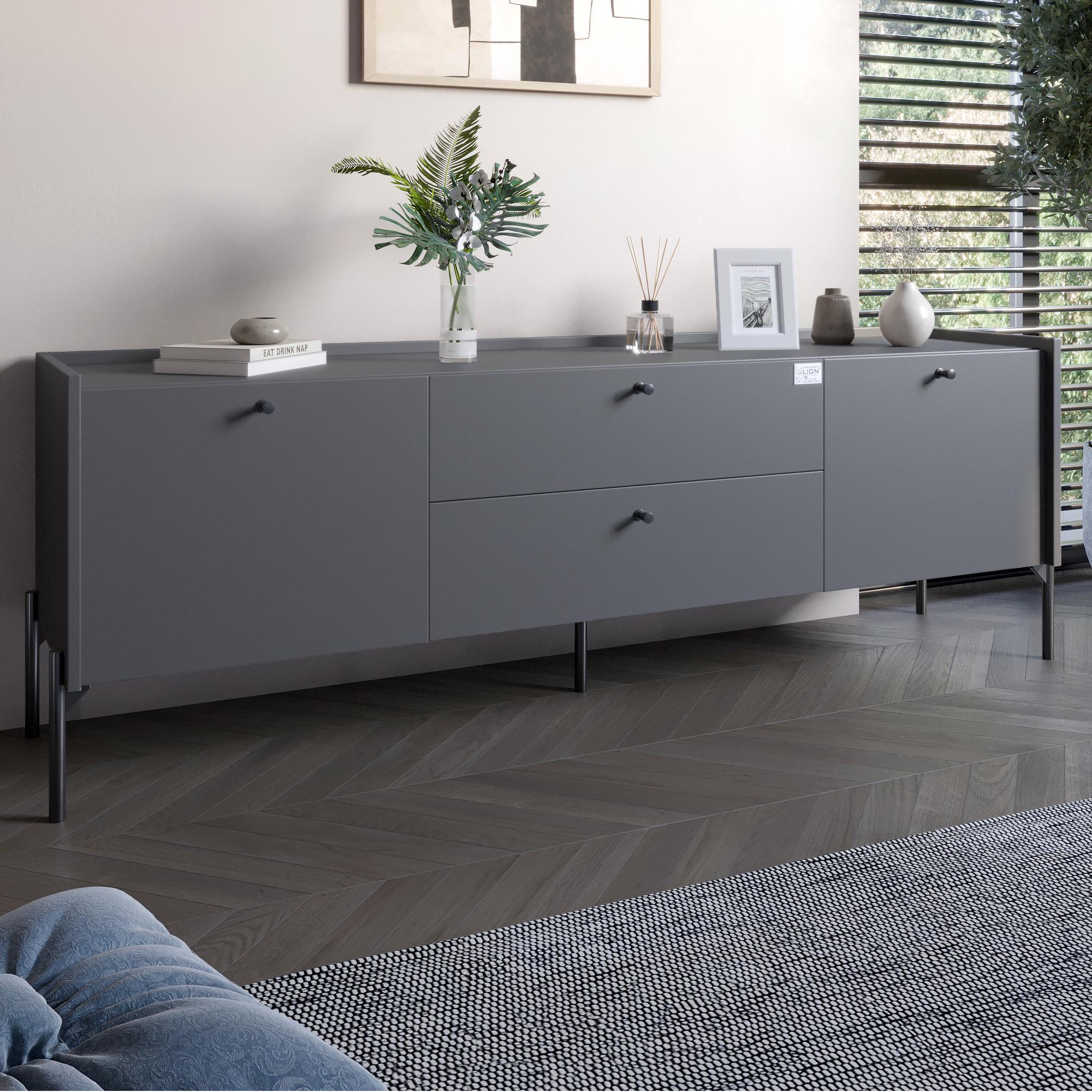 Тумба под телевизор с ящиками Lion Wood с черными ножками 180х50х40 см Антрацит (000-000-2399)