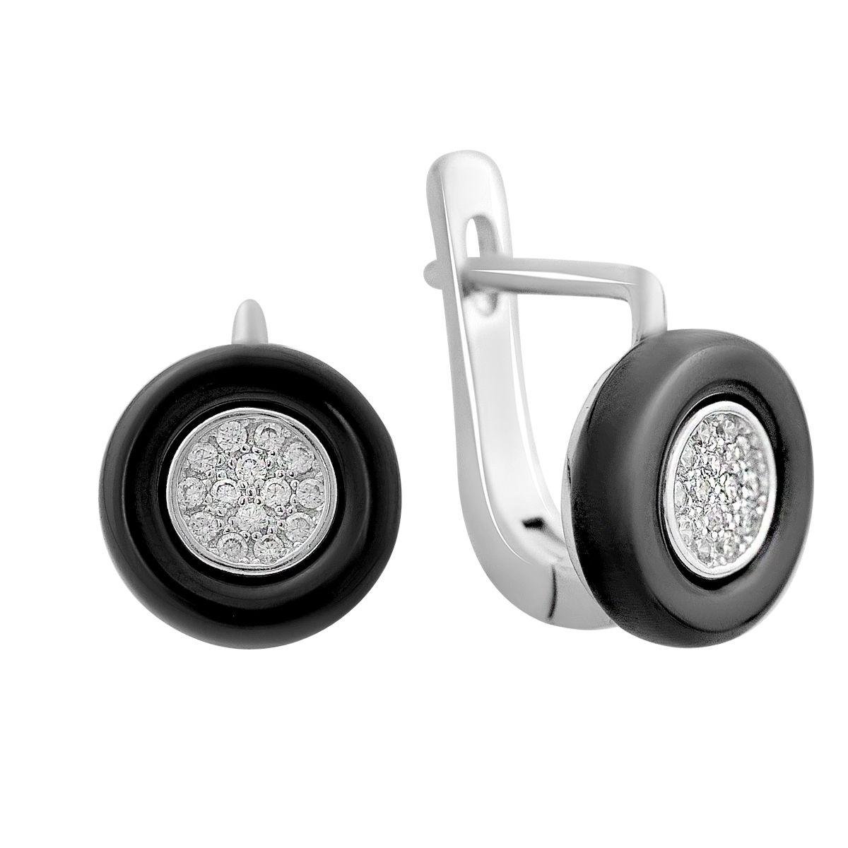 Сережки срібні з чорною керамікою та фіанітами