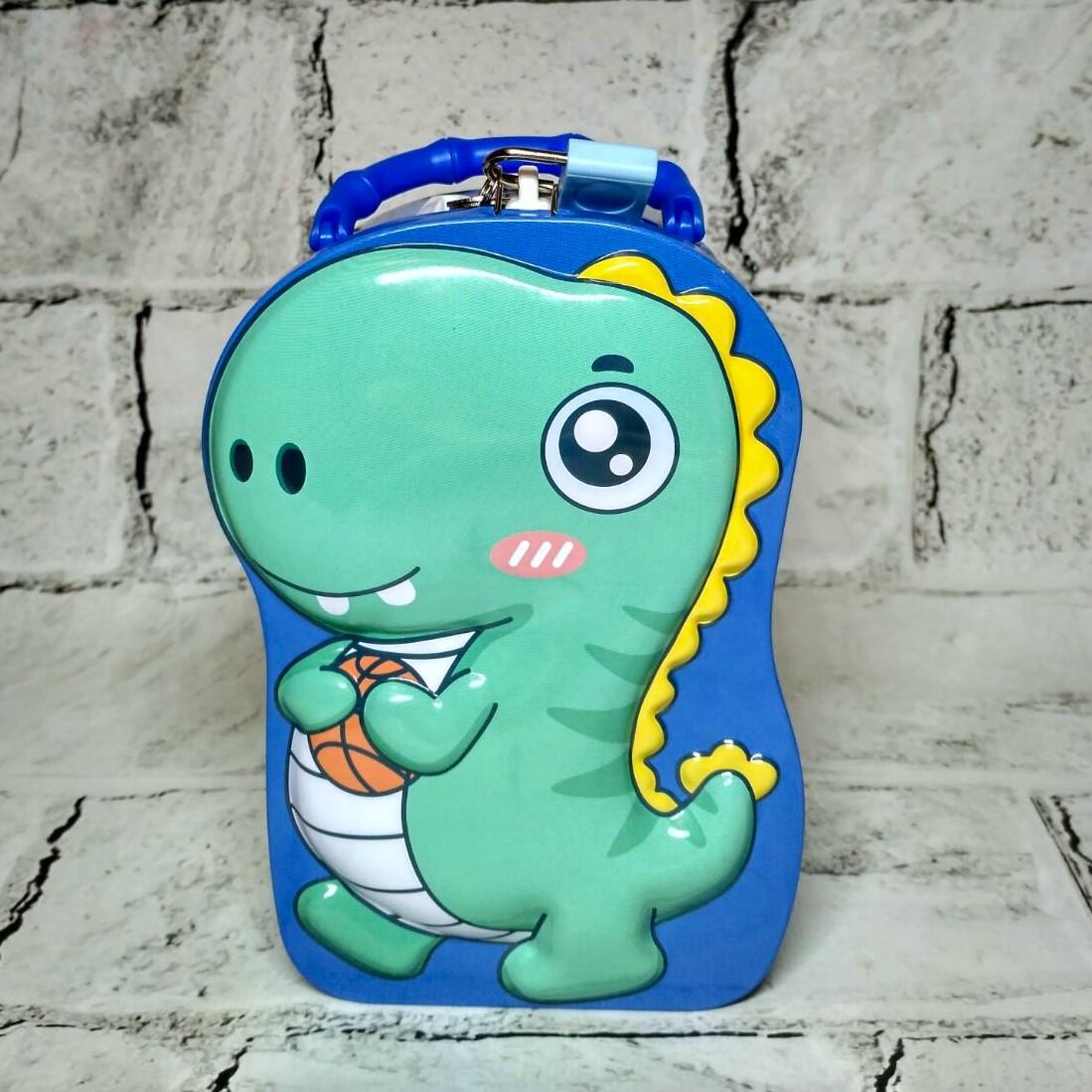 Скарбничка для хлопчика Динозавр металева із замочком 16,5х10,5х7 см Блакитний (N-1342-1)