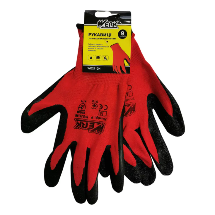 Перчатки рабочие Werk трикотажные полиэстер/латексное покрытие/оверлок на манжет Красно-черный (WE2110H)