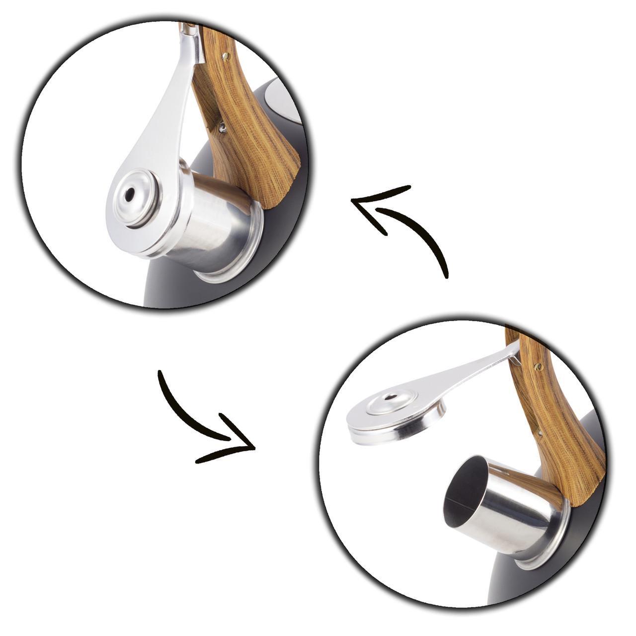 Чайник со свистком Kamille KM-1096 из нержавеющей стали и ручкой с покрытием soft-touch под дерево 2,5 л Черный (150-84-1096) - фото 2 Чайник со свистком Kamille KM-1096 из нержавеющей стали и ручкой с покрытием soft-touch под дерево 2,5 л Черный (150-84-1096) - фото 2