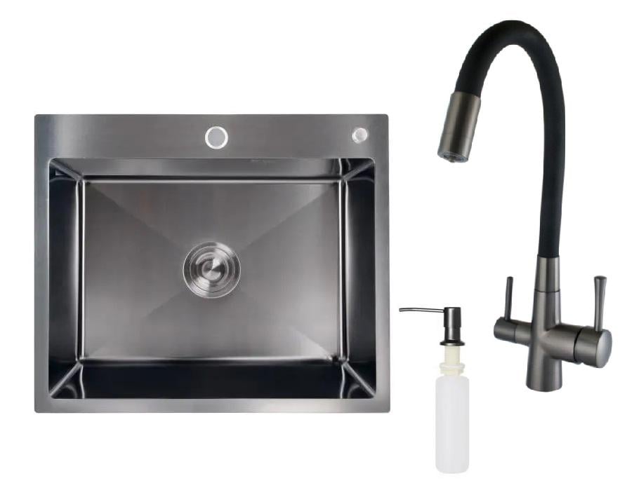 Мийка для кухні з нержавіючої сталі 60/50 Lidz із гнучким змішувачем під фільтр/осмос та дозатором Чорний/Графіт Мийка для кухні з нержавіючої сталі 60/50 Lidz із гнучким змішувачем під фільтр/осмос та дозатором Чорний/Графіт