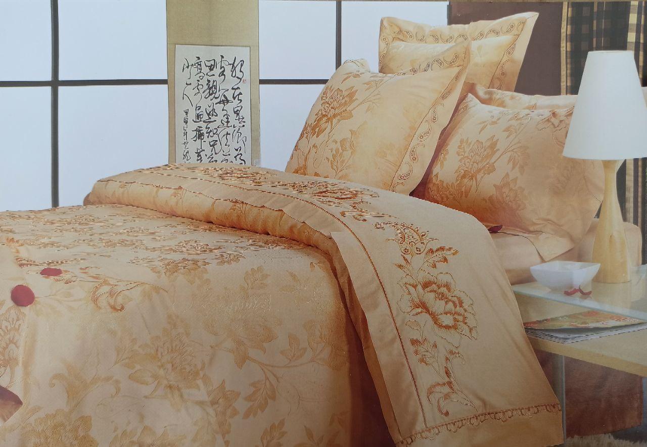 Комплект постельного белья Vie Nouvelle жаккард с вышивкой евро 200x220 см Золотой (JE328)