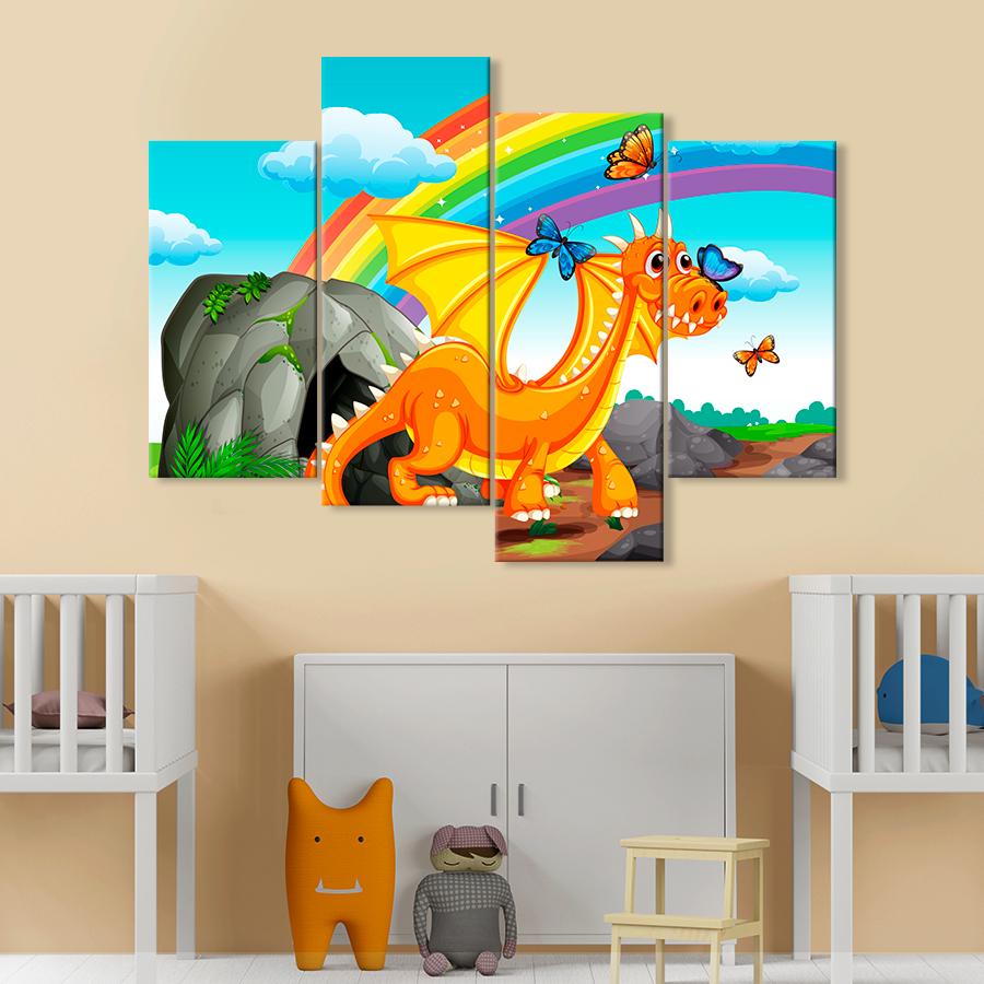 Картина в детскую комнату Милый огненный дракон с бабочками 149x106 см (A1458-4)