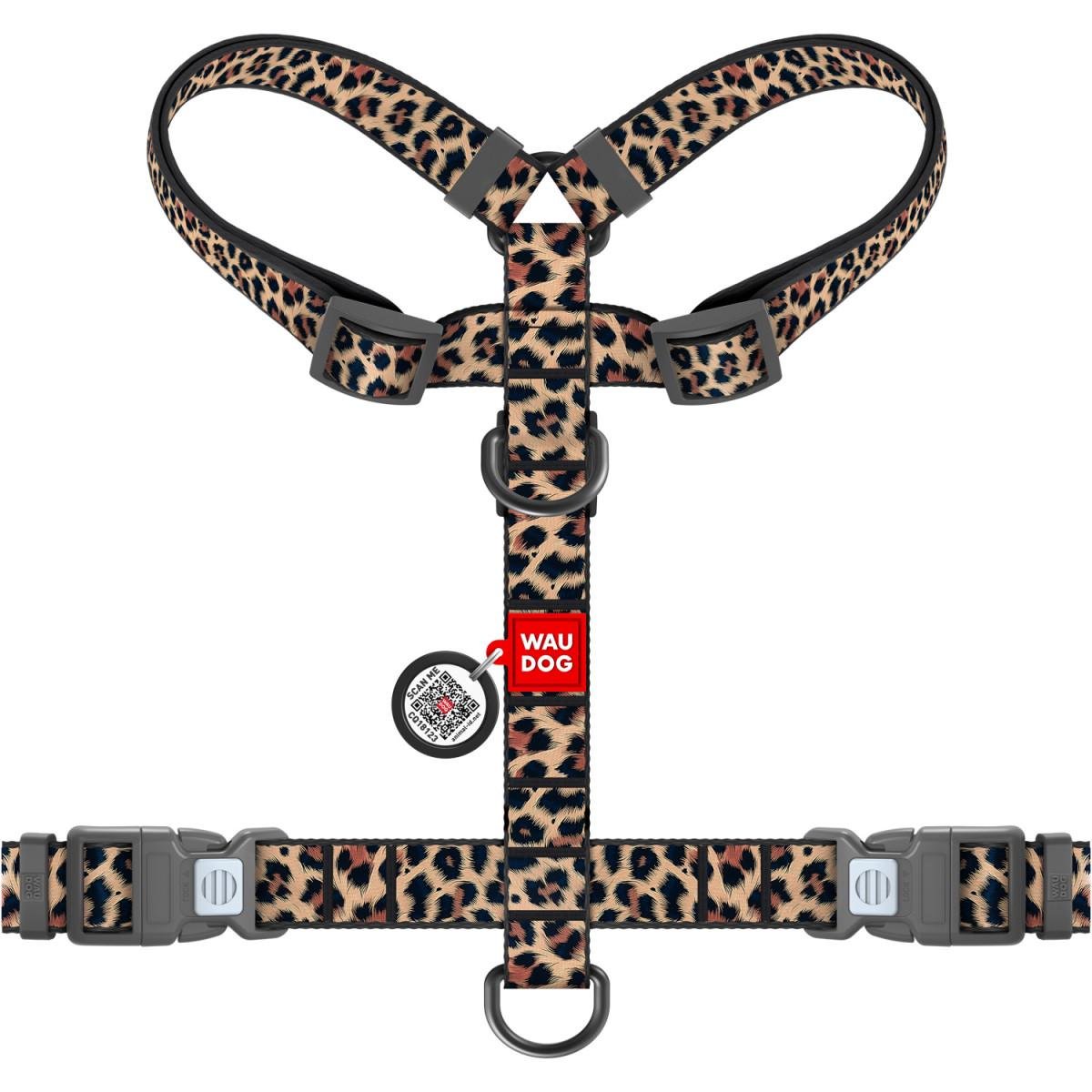 Шлея для собак анатомічна H-подібна Waudog Nylon з QR-паспортом з двома фастексами S Леопардовий