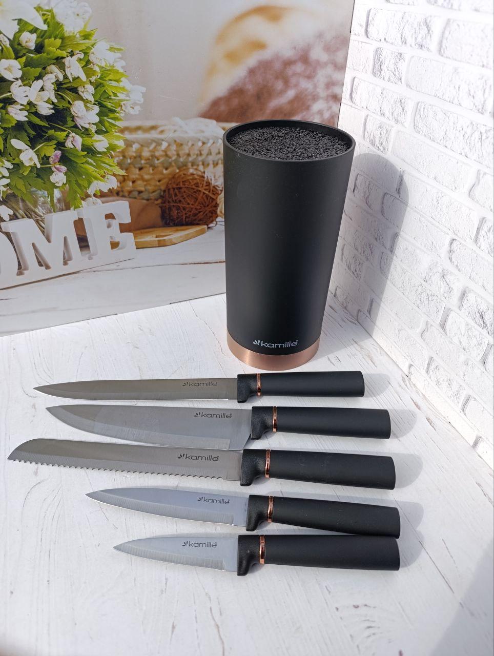 Набір кухонних ножів Kamille KM-7625 на підставці 6 пр. Чорний (KM-7625)
