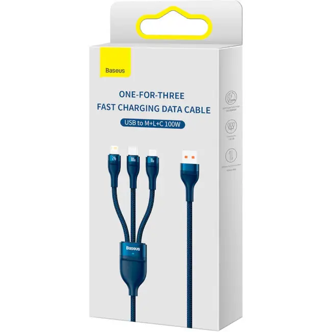 Кабель BASEUS Flash Series II 3в1 Cable USB to MicroUSB/Lightning/Type-C CASS030003 100W 1,2 м Blue - фото 5