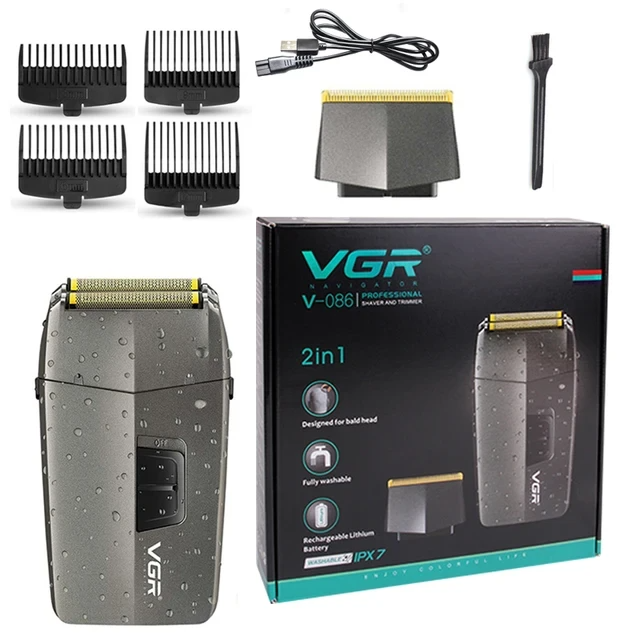 Шейвер-тример акумуляторний VGR V-086 IPX7 для бороди та вусів бездротової з 4 насадками Сірий (HPV086)