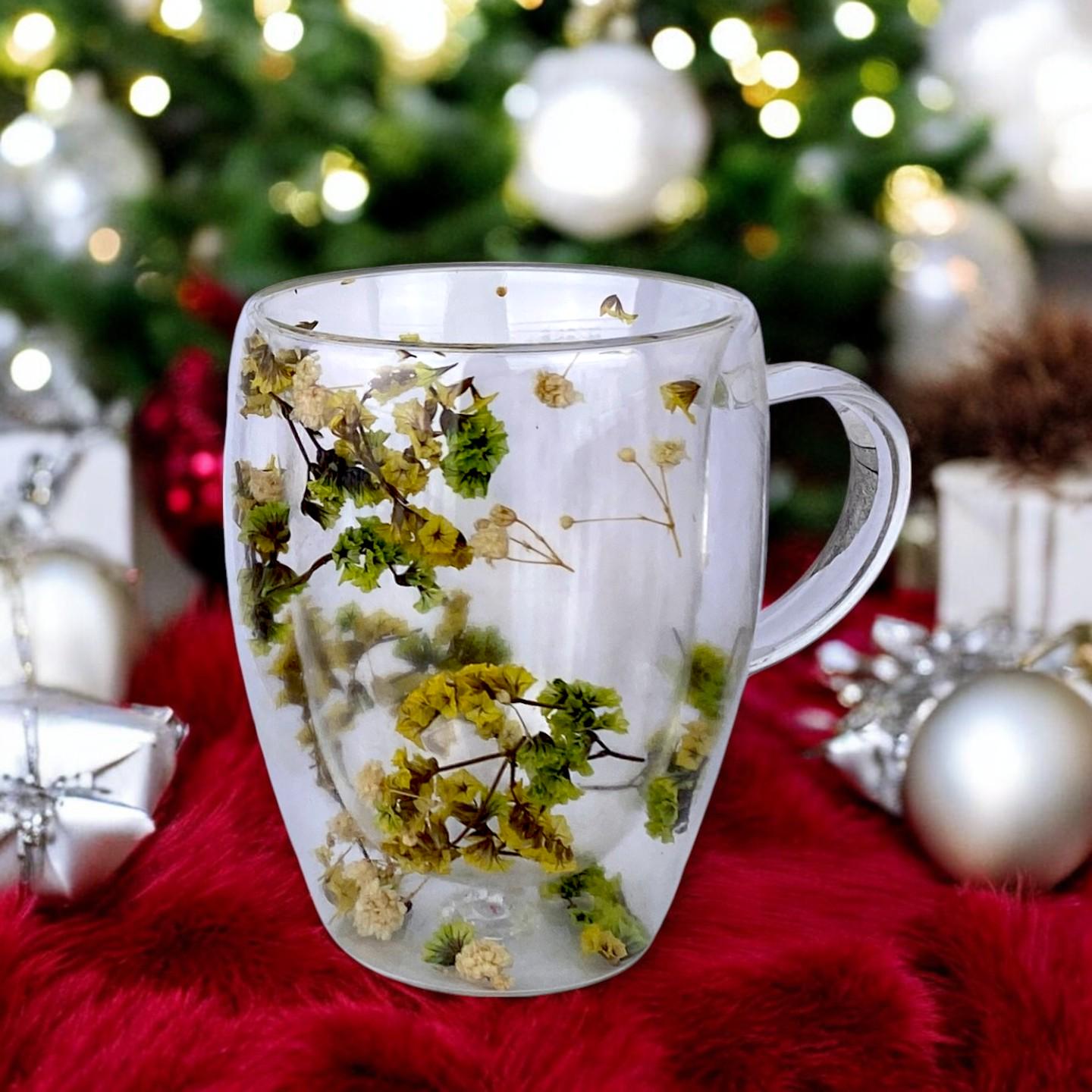 Чашка з подвійним дном із сухоцвітами зеленими 350 мл Прозорий (4036) - фото 2 Чашка з подвійним дном із сухоцвітами зеленими 350 мл Прозорий (4036) - фото 2