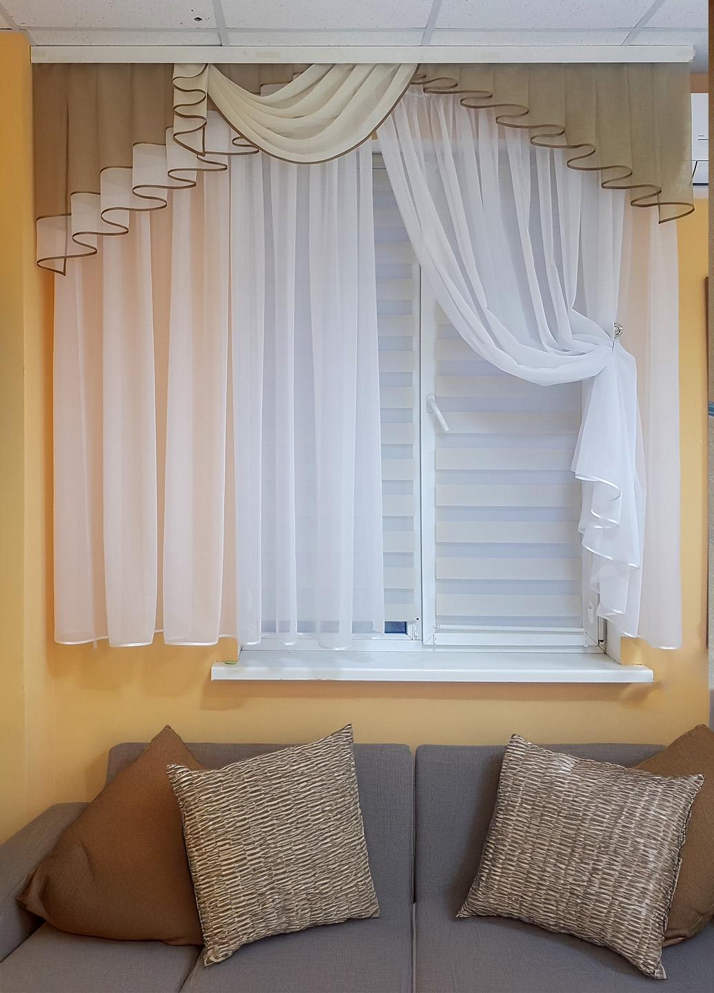 Ламбрекен Firanka Дуга шифон карниз 200 см Оливковий з молочним (72_9_2м)