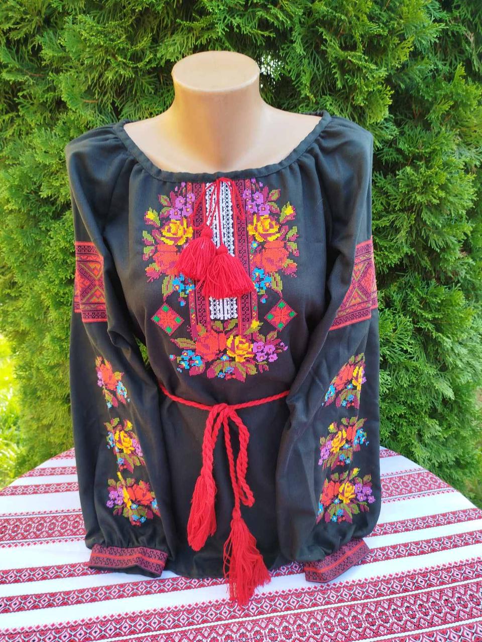 Блуза вишита Букет домотканнне полотно р. 46 Чорний (29378304)