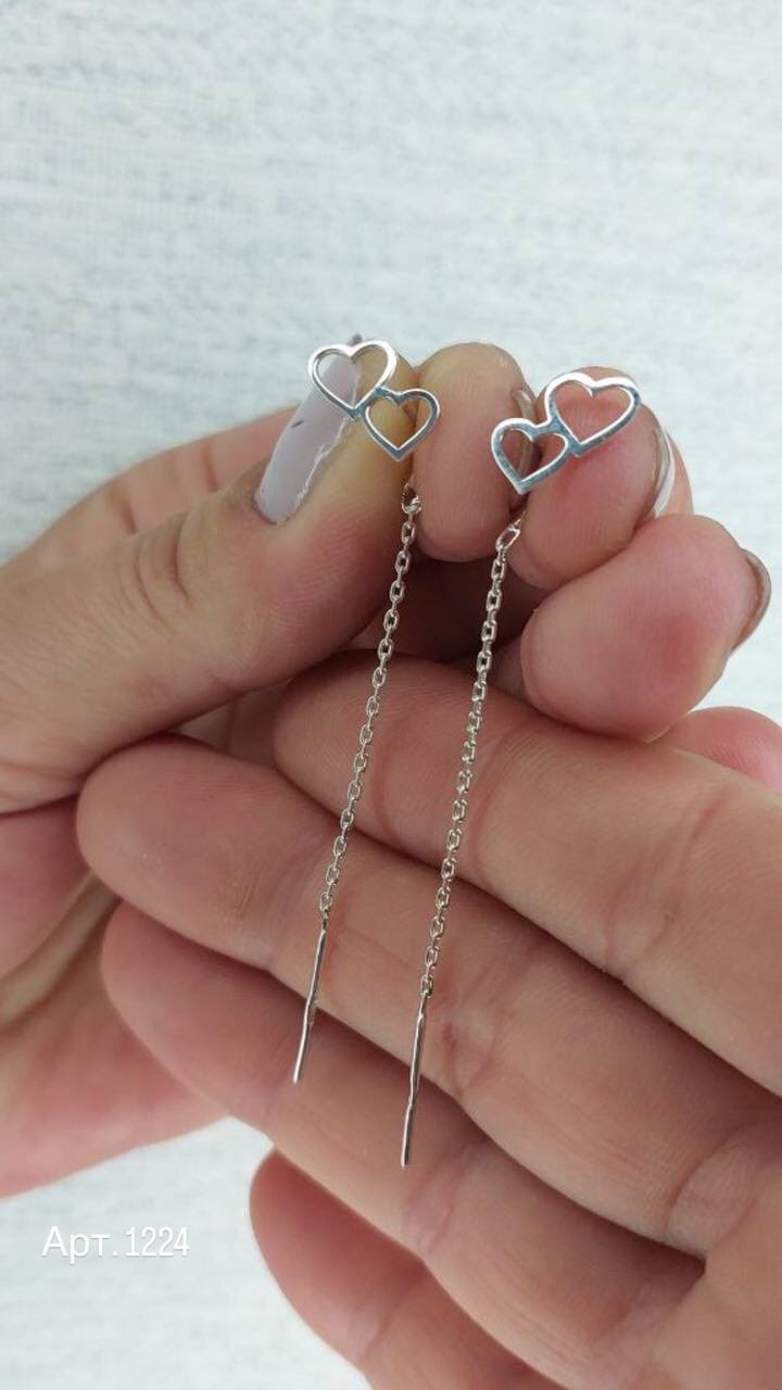 Серьги серебряные протяжки Два сердечка одинарные 925 проба (26943753) - фото 3 Серьги серебряные протяжки Два сердечка одинарные 925 проба (26943753) - фото 3