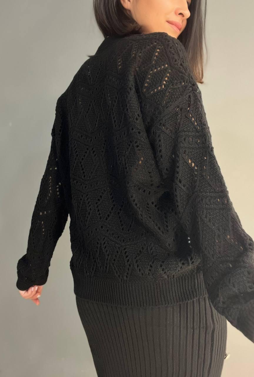 Светр жіночий MIX RAY 6772 ажурна в'язка сітка ромби OS Чорний (1184) - фото 7