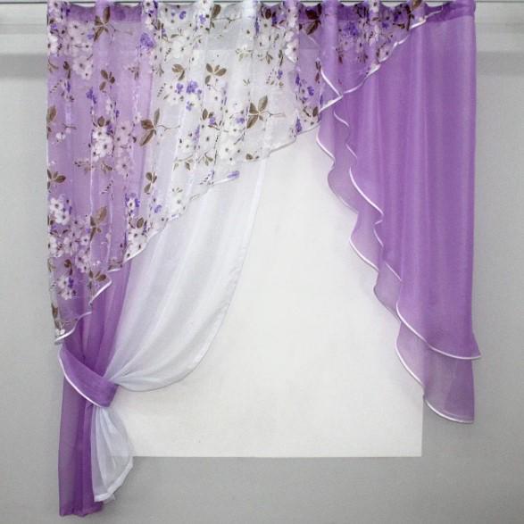 Шторки на кухню/балкон шифон/органза 270х170 см Сиреневый/Белый (00к 59-357)