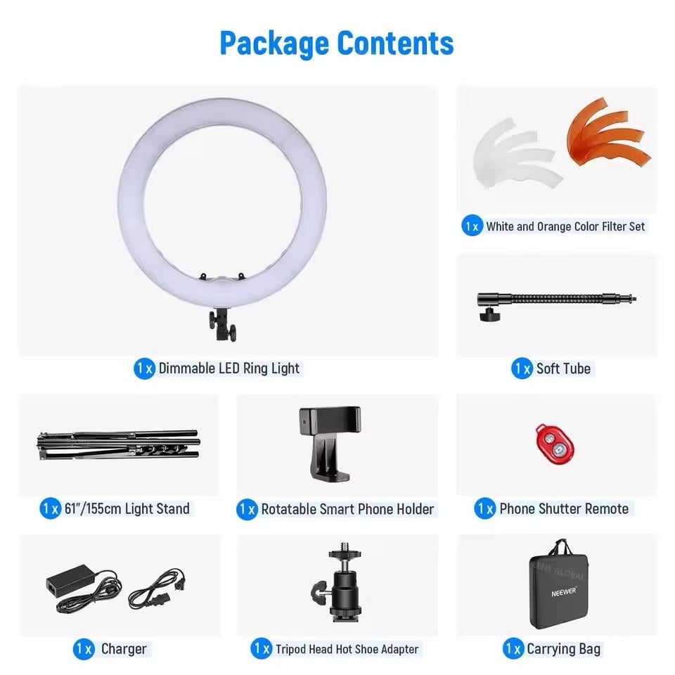 Кольцевая лампа NEEWER RL-18 18” LED 55 Вт 5600K с держателем для телефона и штативом для видео макияжа - фото 2 Кольцевая лампа NEEWER RL-18 18” LED 55 Вт 5600K с держателем для телефона и штативом для видео макияжа - фото 2