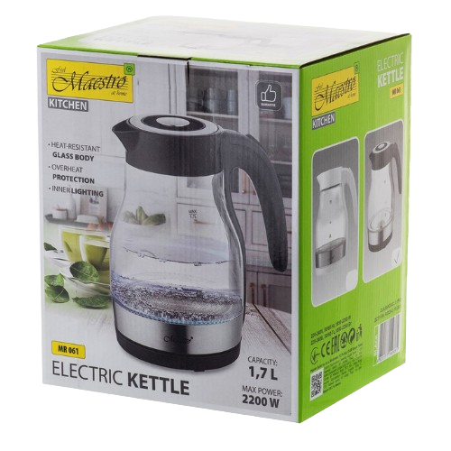 Електрочайник Maestro MR-061-BLACK дисковий склянний 1,7 л 2000W Чорний (1765646569) - фото 2 Електрочайник Maestro MR-061-BLACK дисковий склянний 1,7 л 2000W Чорний (1765646569) - фото 2
