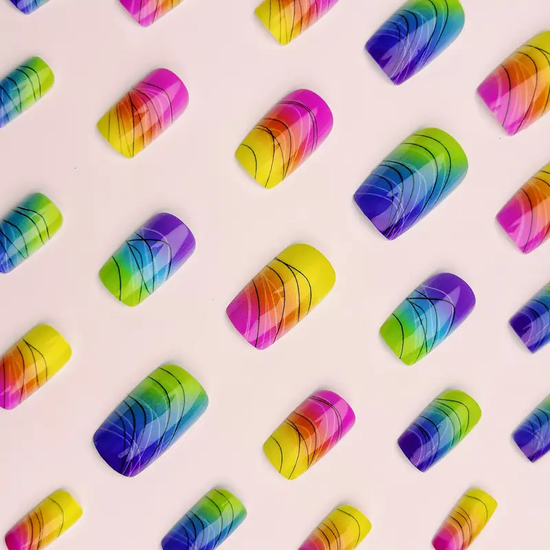 Нігті накладні Веселка квадрат середньої довжини з клейовими стіками 24 шт. Різнокольорові (3000003756) - фото 5