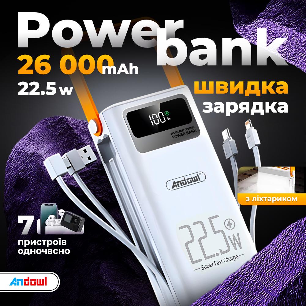 Повербанк AndoWl Q-XD7X1 26000 mah 22,5W з швидкою зарядкою/ліхтариком/дисплеєм для телефону/роутера Білий (8dd272fd) - фото 2