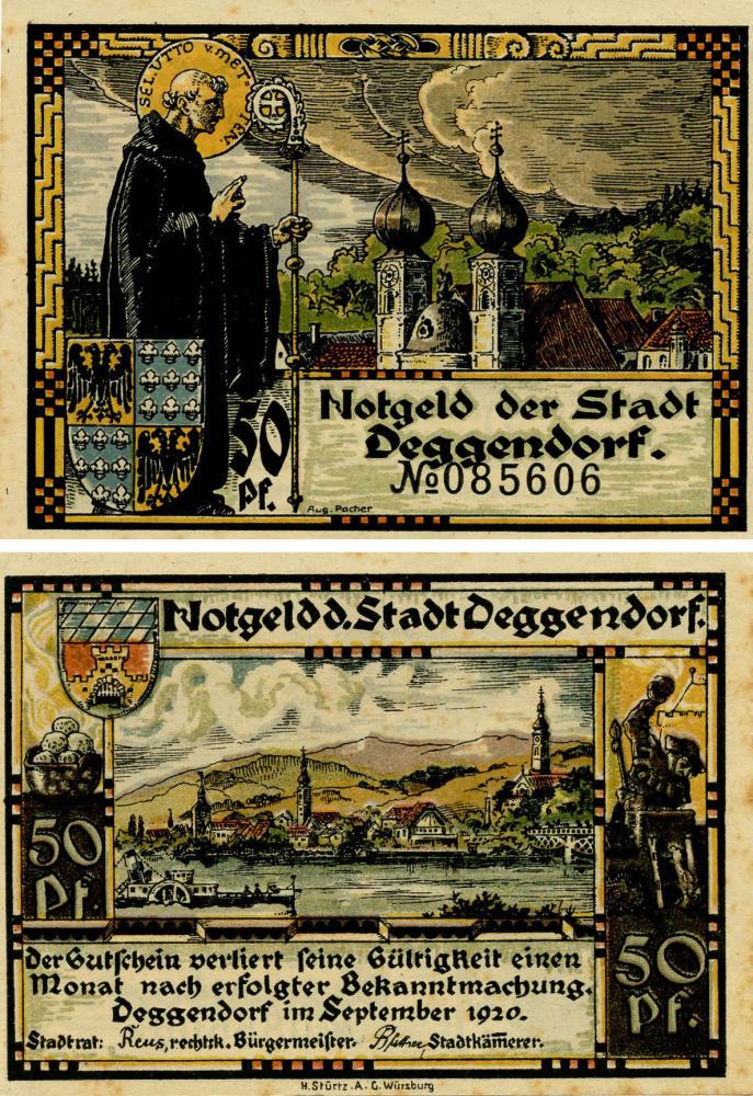 Коллекционная банкнота Германия Нотгельд 50 пфеннигов 1920 F-VF Деггендорф Разновидность 2 (Б18819)