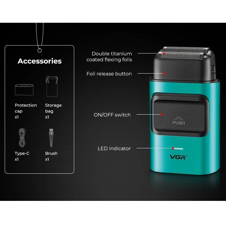 Электробритва VGR V-307 с двойным лезвием 2000 мА/ч 9000 об/мин Зеленый (V-307) - фото 8 Электробритва VGR V-307 с двойным лезвием 2000 мА/ч 9000 об/мин Зеленый (V-307) - фото 8