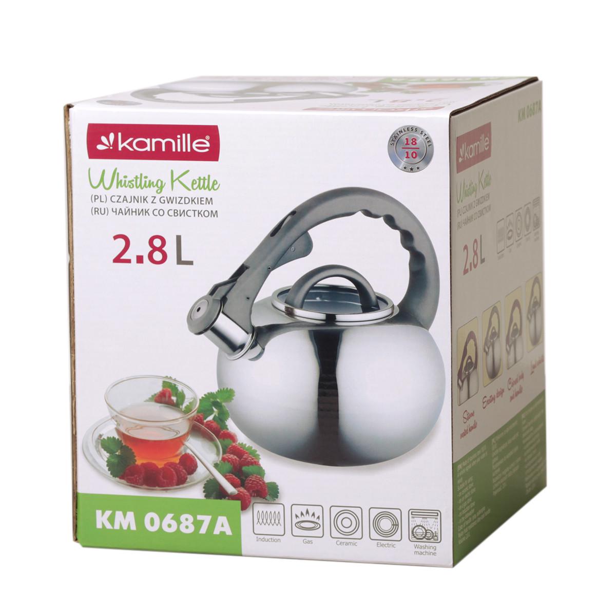 Чайник Kamille KM-0687A из нержавеющей стали со свистком и стеклянной крышкой для всех видов плит 2,8 л Серый (29-84-0687A) - фото 3