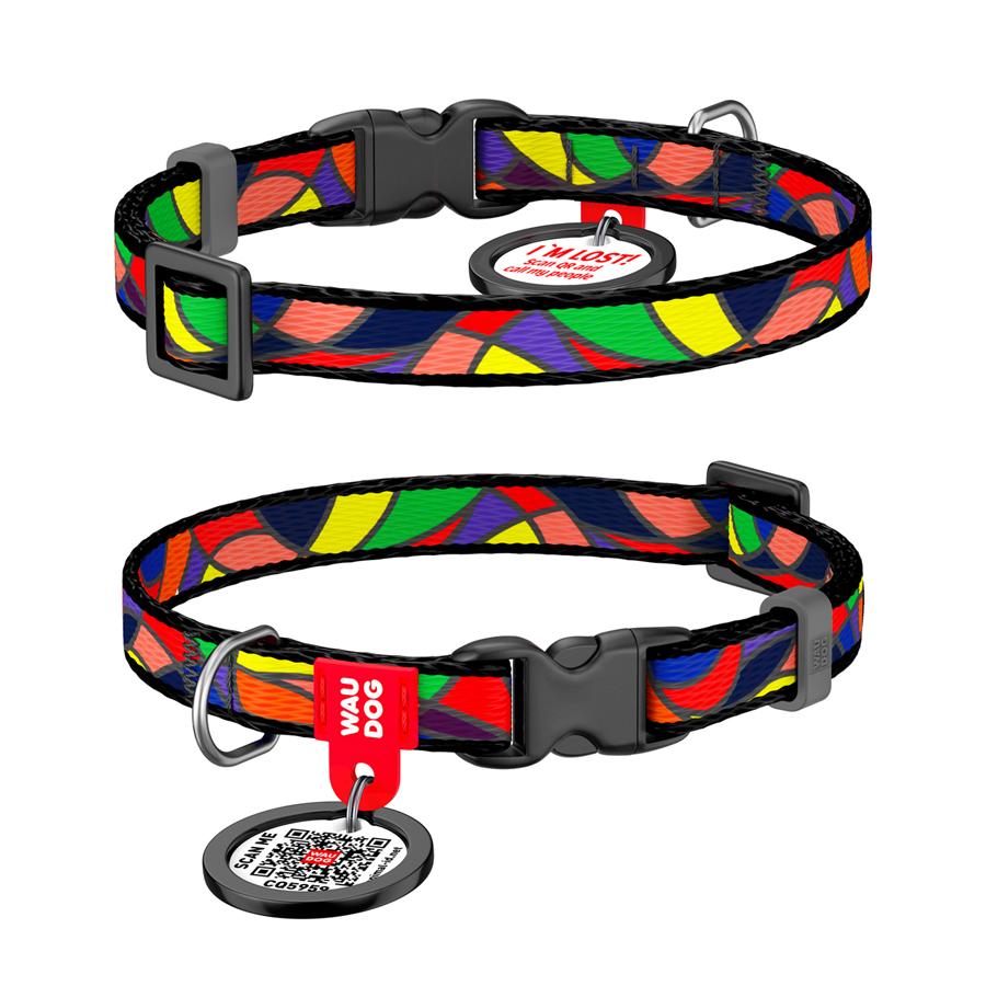 Ошейник для собак/кошек с QR-паспортом Waudog Nylon Витраж пластиковый фастекс 10 мм 20-30 см Разноцветный (5221)