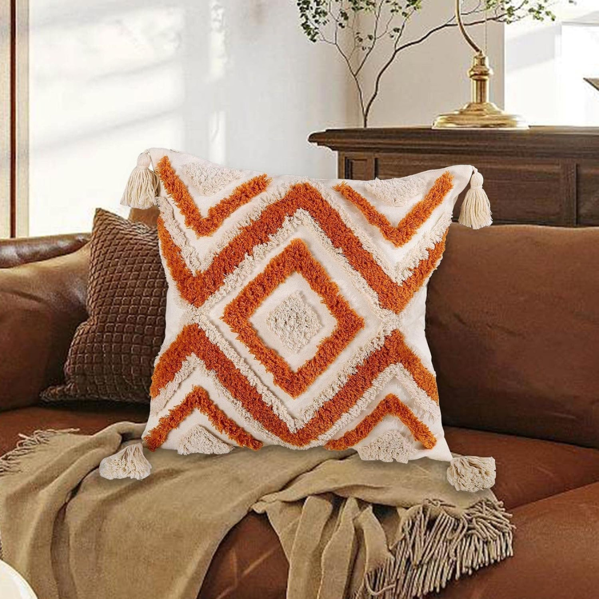 Подушка декоративная хлопок с эффектным объемным узором квадратная с кисточками 45х45 см Кремовый с коричневым (60059)