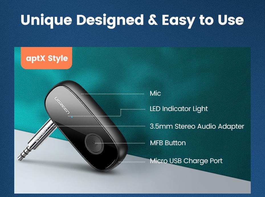 Адаптер UGREEN Bluetooth 5.1 приемник aptX HD Hi-Res 3,5 мм minijack AUX-micro USB Аудио AAC/SBC/aptX LL стерео Черный (70304) - фото 14
