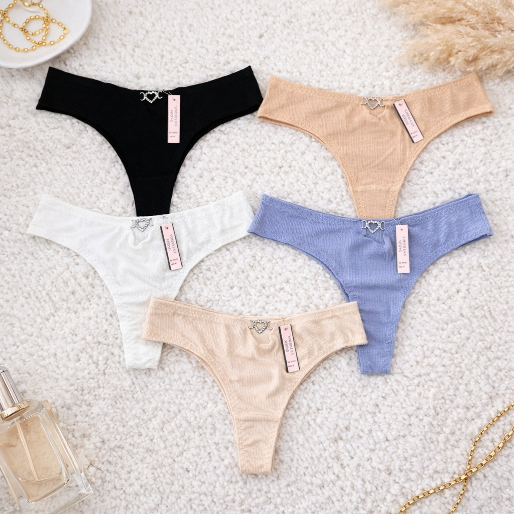 Набор стринг женских трусиков в рубчик с высокой посадкой и сердечком 5 шт. M (Q8385)