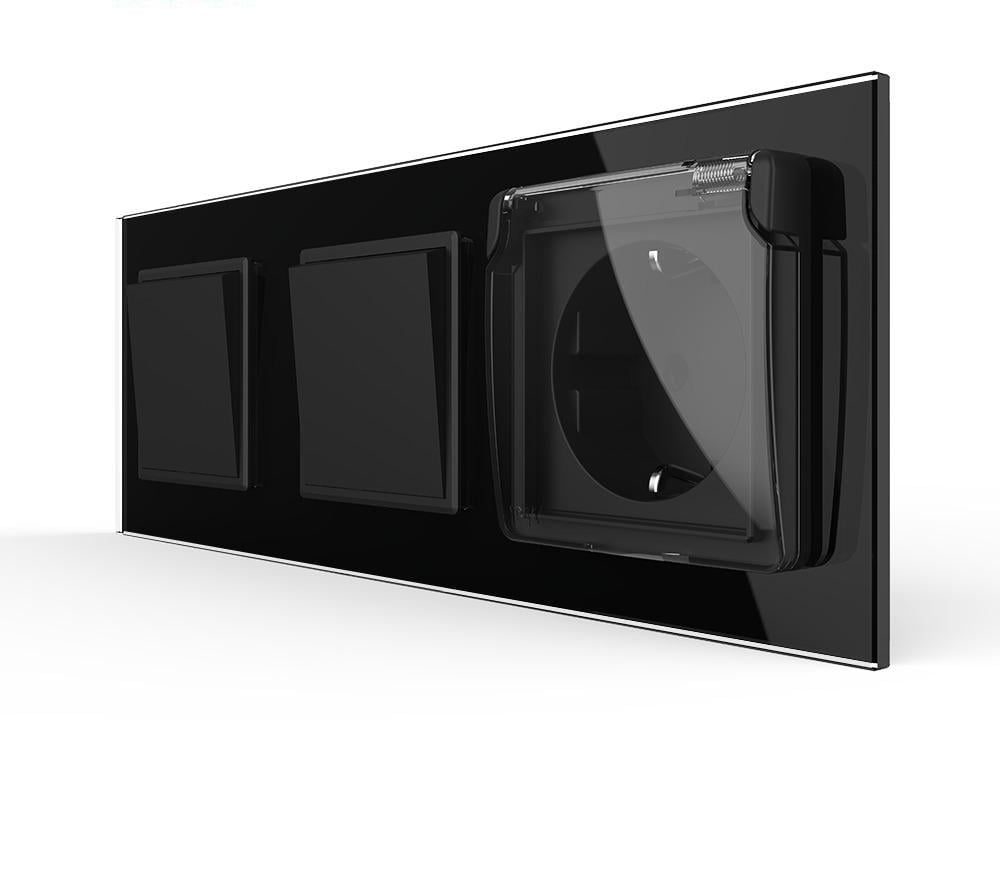 Выключатель перекрестный Livolo 2-клавишный 1-1 с розеткой/крышкой IP44 с заземлением стекло Черный Выключатель перекрестный Livolo 2-клавишный 1-1 с розеткой/крышкой IP44 с заземлением стекло Черный